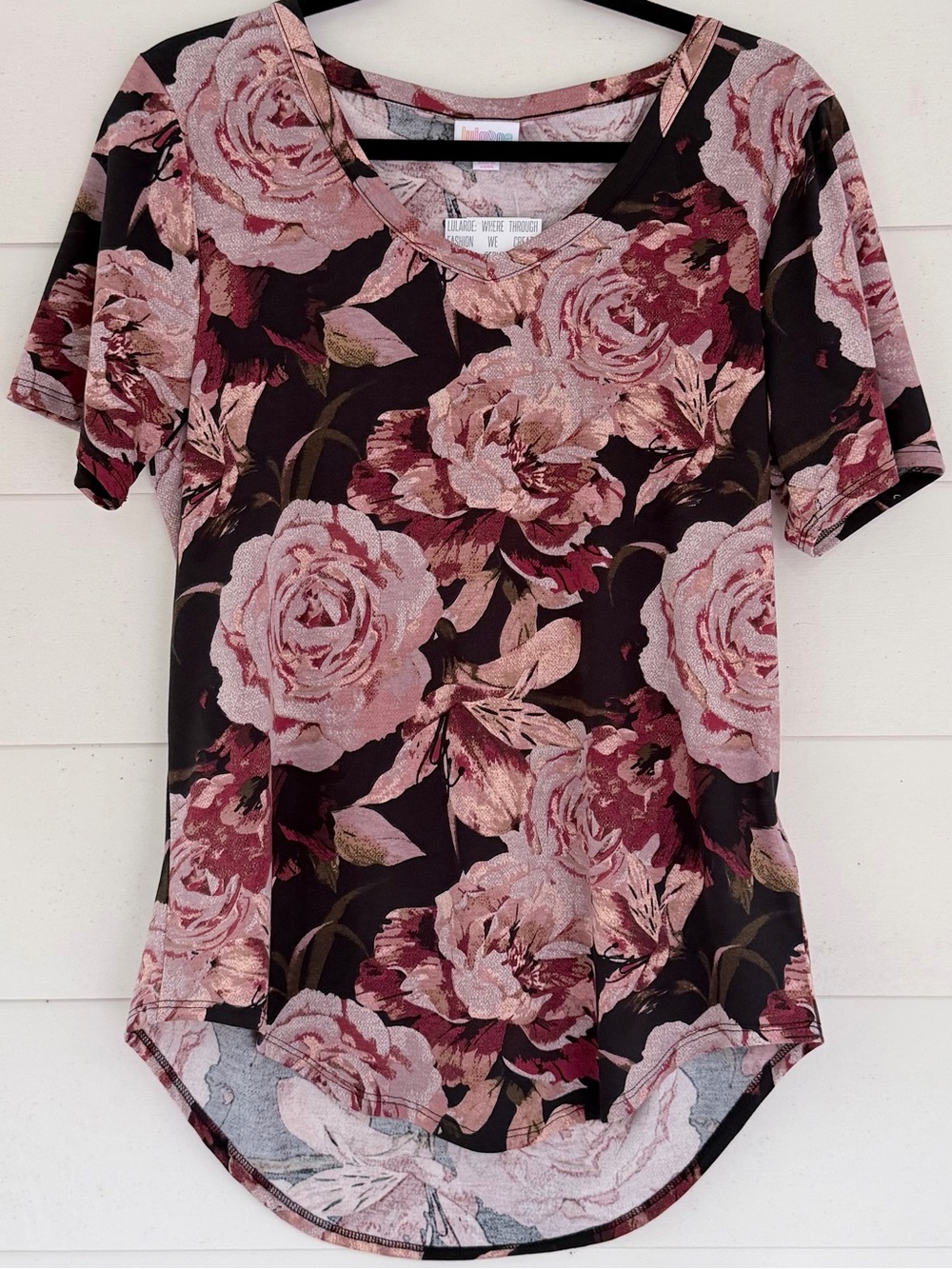 LuLaRoe Iris V-Neck Short Sleeve Top in Black and Pink Floral